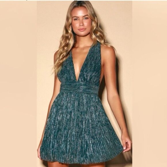 Lulus Ailey Metallic Stripe Twist Back Cocktail Dress in Gold and Teal Size S - Picture 1 of 9